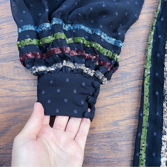 Rococo Sand • Sequin Striped Gown black chiffon rainbow swiss dot balloon sleeve - Picture 8 of 13